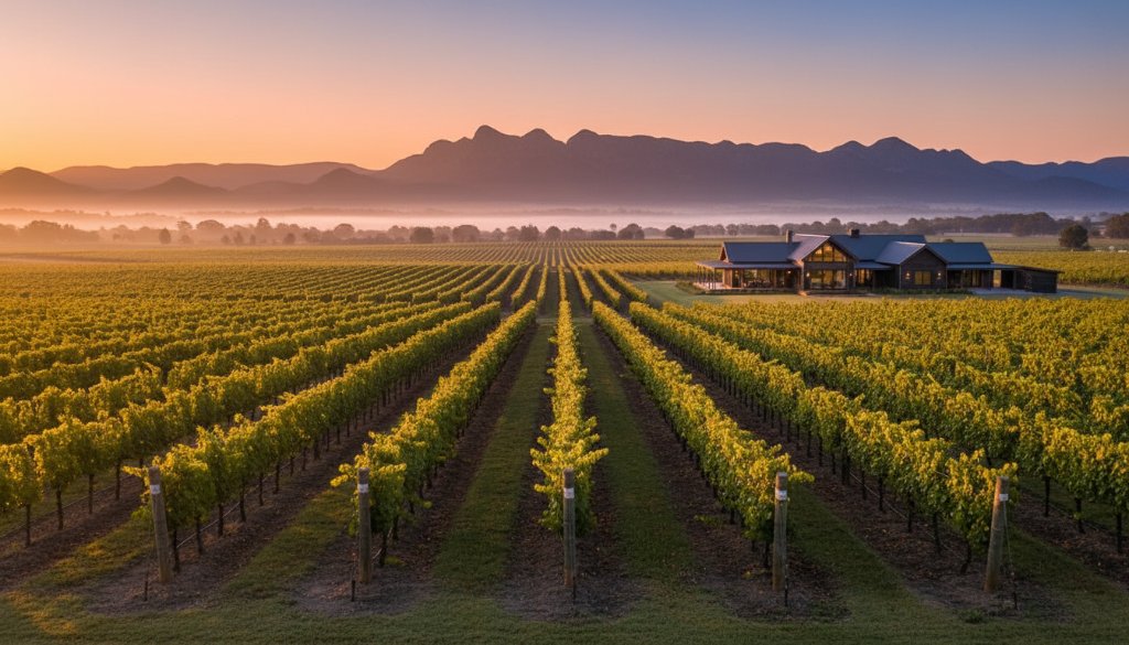 Dramatic wide-angle shot showcasing a luxurious vineyard property in Stawell, Victoria at sunrise, with golden light illuminating rows of grapevines and a grand homestead. This epic moment of Stawell Victoria real estate photography for vineyard properties captures the serene beauty and expansive potential, highlighting the property's unique appeal with professional, colour-graded cinematic lighting.