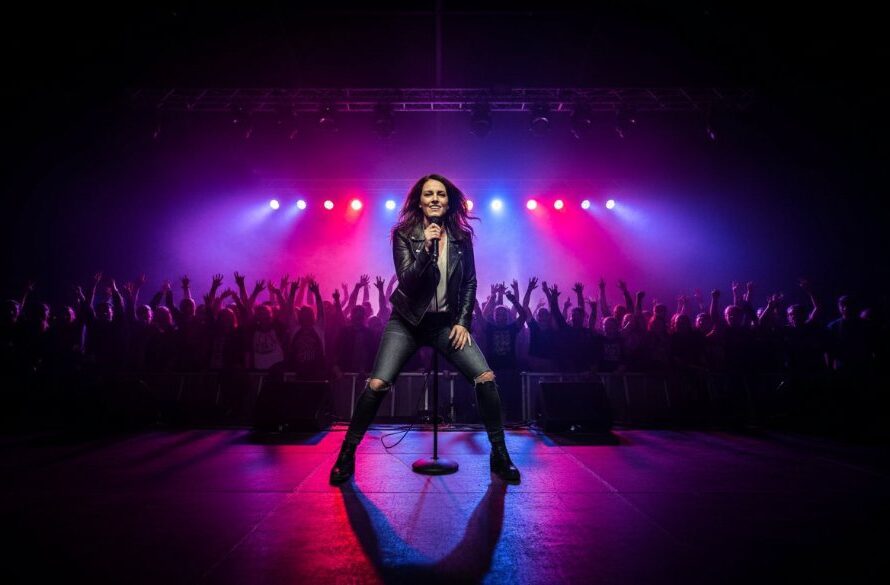 An energetic lead singer bathed in dramatic purple and blue stage lights, microphone in hand, interacting with a cheering crowd at a Stawell Victoria vibrant live music event photography gig, captured from a low angle for an epic moment.