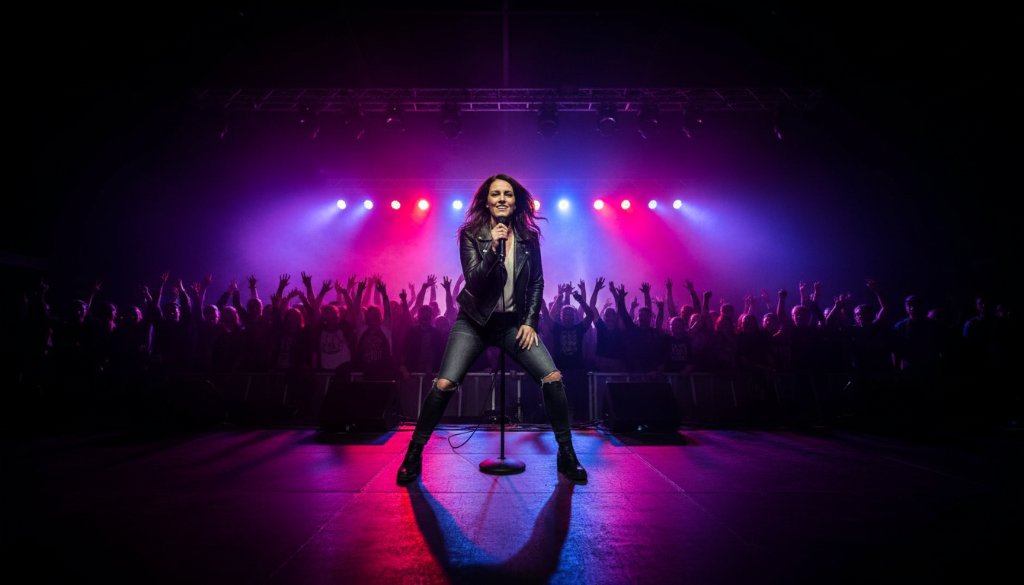 An energetic lead singer bathed in dramatic purple and blue stage lights, microphone in hand, interacting with a cheering crowd at a Stawell Victoria vibrant live music event photography gig, captured from a low angle for an epic moment.