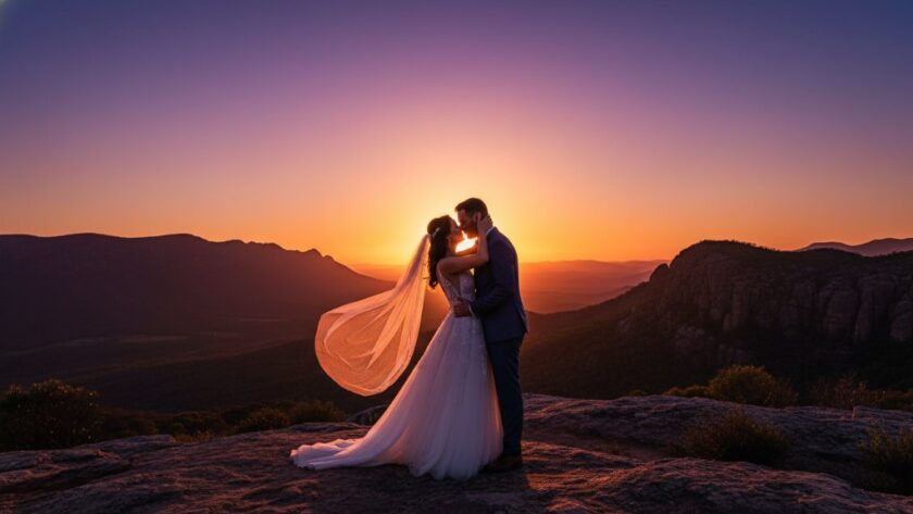 A newlywed couple embracing passionately at sunset with the majestic Grampians backdrop, epitomizing a Stawell Wedding Photographer Capturing Grampians Romance. Dramatic lighting highlights their joy and the stunning natural beauty.
