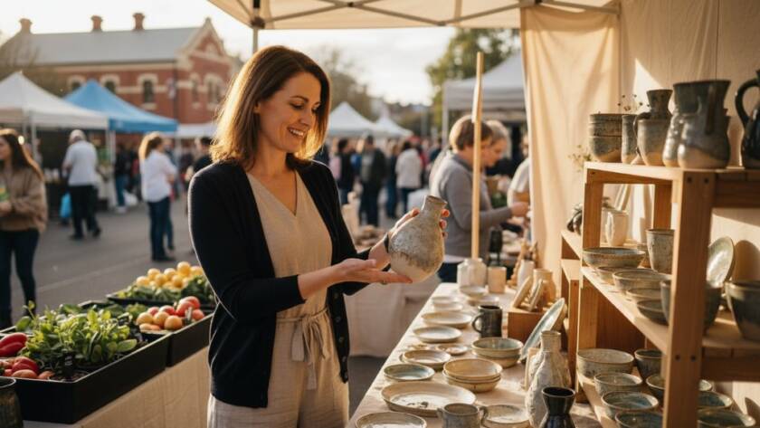 An inspiring overhead shot of a female entrepreneur with a confident smile, presenting her artisanal products at a vibrant local market stall in Caulfield South, golden hour sunlight highlighting her passionate engagement, epitomizing Storytelling Branding Photography Caulfield South Entrepreneurs.