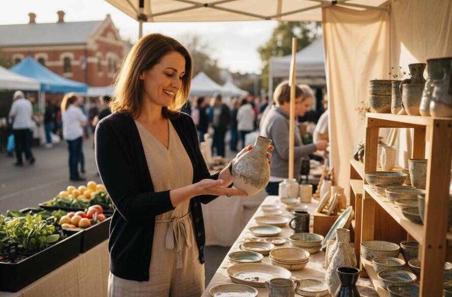 An inspiring overhead shot of a female entrepreneur with a confident smile, presenting her artisanal products at a vibrant local market stall in Caulfield South, golden hour sunlight highlighting her passionate engagement, epitomizing Storytelling Branding Photography Caulfield South Entrepreneurs.