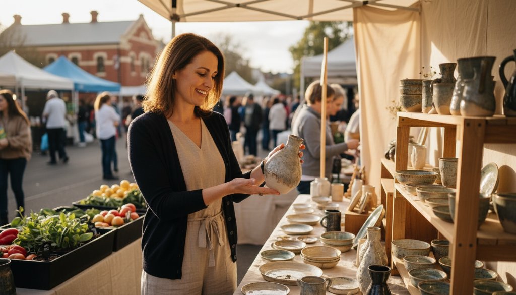 An inspiring overhead shot of a female entrepreneur with a confident smile, presenting her artisanal products at a vibrant local market stall in Caulfield South, golden hour sunlight highlighting her passionate engagement, epitomizing Storytelling Branding Photography Caulfield South Entrepreneurs.