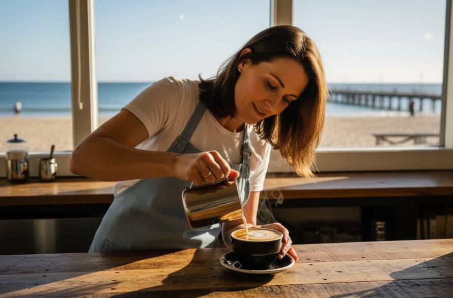 A wide-angle, dramatically lit photograph capturing dynamic storytelling editorial photography Chelsea Victoria local businesses in action, featuring a local barista artfully preparing coffee with a stunning sun-drenched Chelsea beach background, conveying passion and craft.