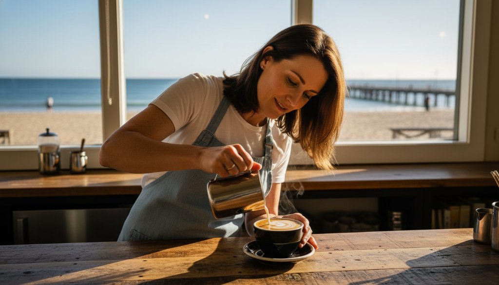 A wide-angle, dramatically lit photograph capturing dynamic storytelling editorial photography Chelsea Victoria local businesses in action, featuring a local barista artfully preparing coffee with a stunning sun-drenched Chelsea beach background, conveying passion and craft.