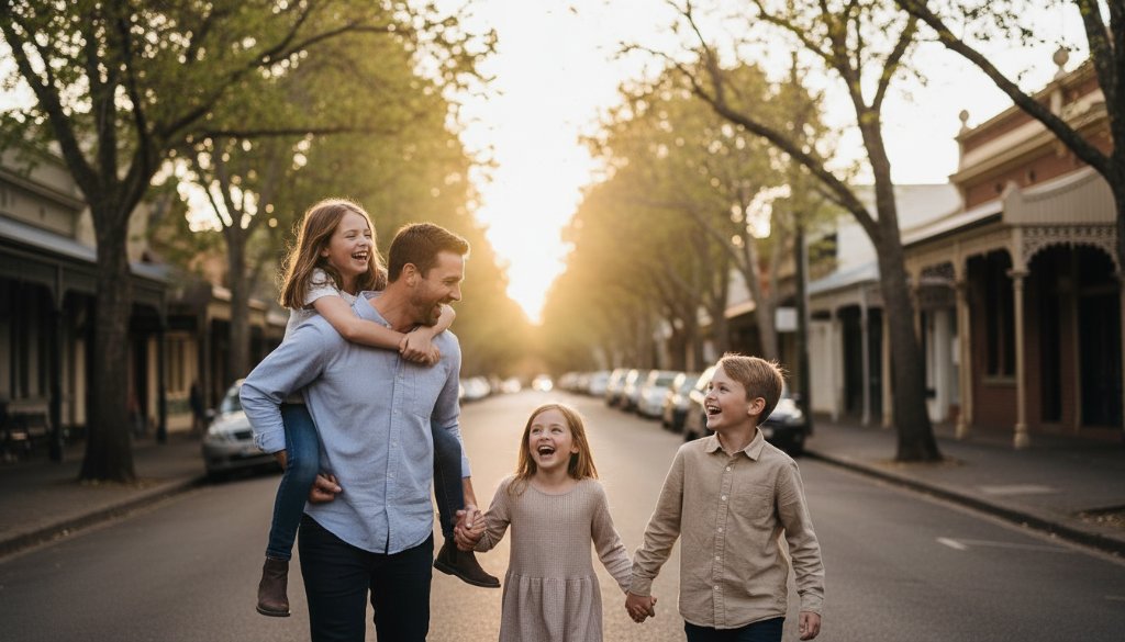 A candid, emotional moment captured during storytelling family portraits in Geelong West's urban charm, featuring a family laughing joyfully under dramatic golden hour light, with iconic Geelong West architecture subtly blurred in the background, professional colour grading.