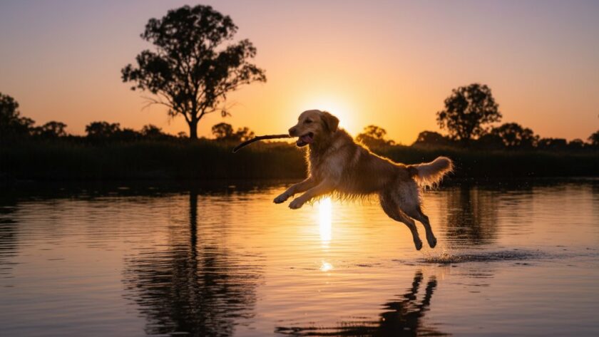 An epic moment of a golden retriever joyfully leaping through the golden reeds by the Murray River, bathed in warm sunset light, showcasing storytelling pet photography Merbein's riverside charm with dramatic flair.