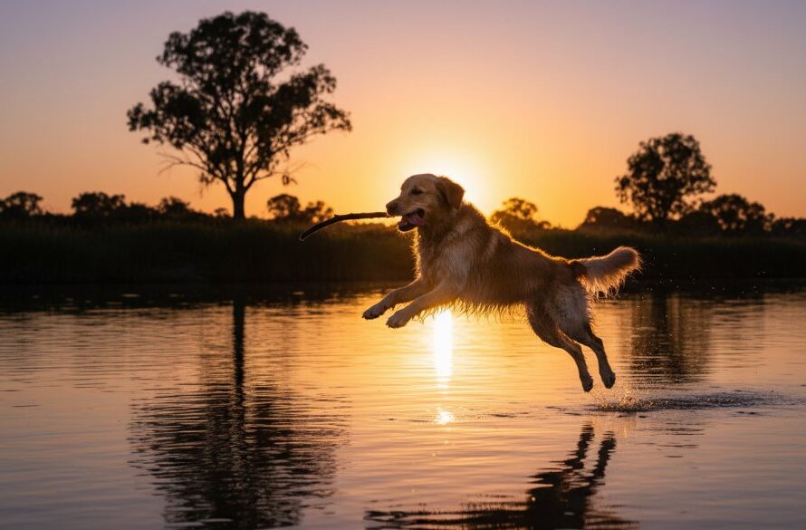 An epic moment of a golden retriever joyfully leaping through the golden reeds by the Murray River, bathed in warm sunset light, showcasing storytelling pet photography Merbein's riverside charm with dramatic flair.