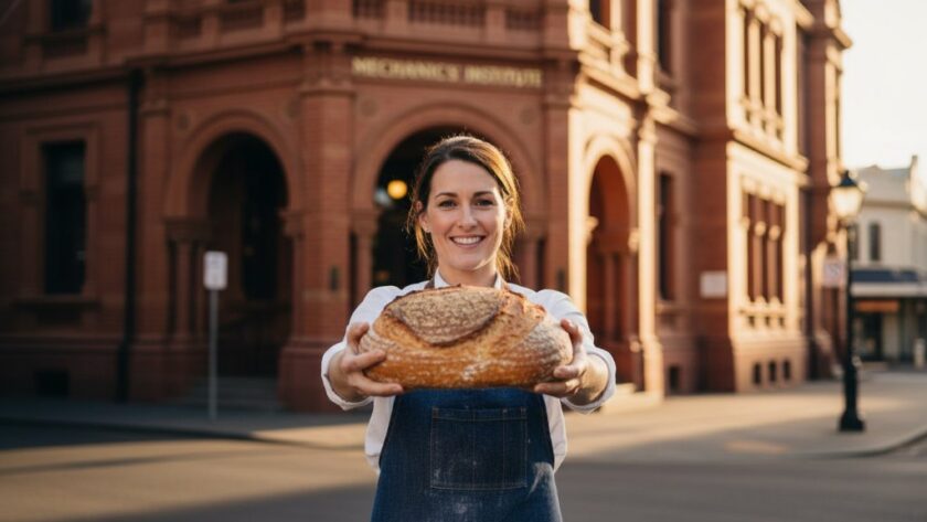 Dynamic wide shot capturing a local artisan's bespoke product beautifully lit inside a historic Ballarat Central laneway, showcasing strategic advertising photography Ballarat Central businesses, with bokeh city lights in the background and dramatic, warm golden hour lighting, depicting an epic moment of brand elevation.