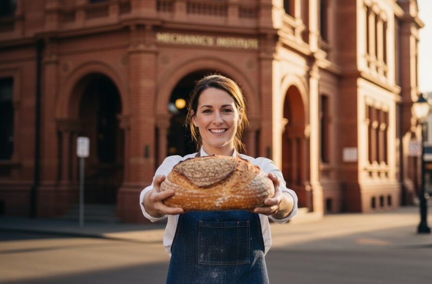 Dynamic wide shot capturing a local artisan's bespoke product beautifully lit inside a historic Ballarat Central laneway, showcasing strategic advertising photography Ballarat Central businesses, with bokeh city lights in the background and dramatic, warm golden hour lighting, depicting an epic moment of brand elevation.