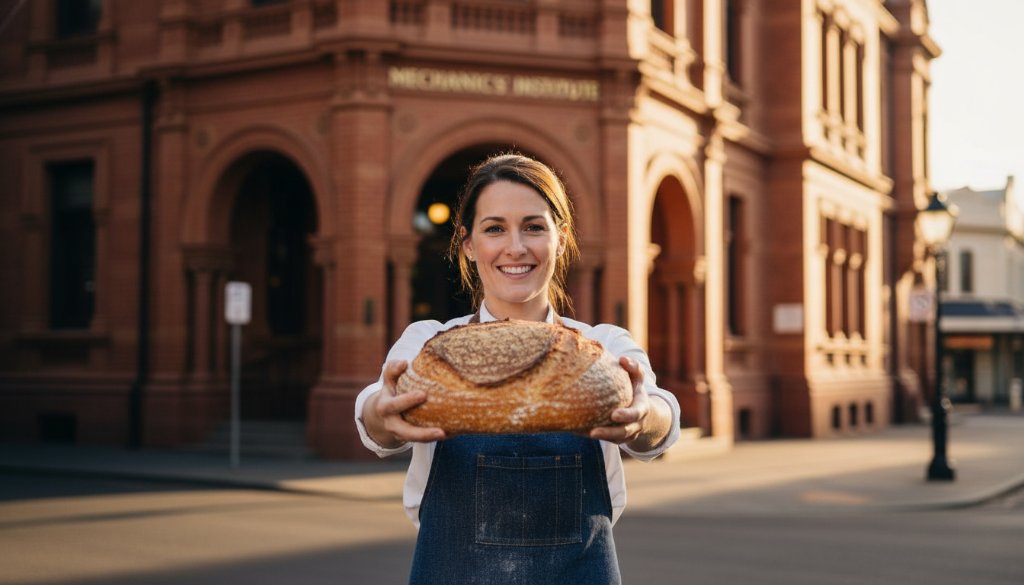 Dynamic wide shot capturing a local artisan's bespoke product beautifully lit inside a historic Ballarat Central laneway, showcasing strategic advertising photography Ballarat Central businesses, with bokeh city lights in the background and dramatic, warm golden hour lighting, depicting an epic moment of brand elevation.