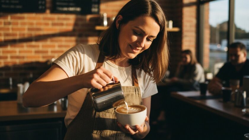 A dramatic, cinematic photograph of a local Belmont cafe owner proudly presenting a perfectly crafted latte, bathed in warm, golden hour light, shot as strategic advertising photography Belmont Victoria, highlighting the quality and ambience of the business.