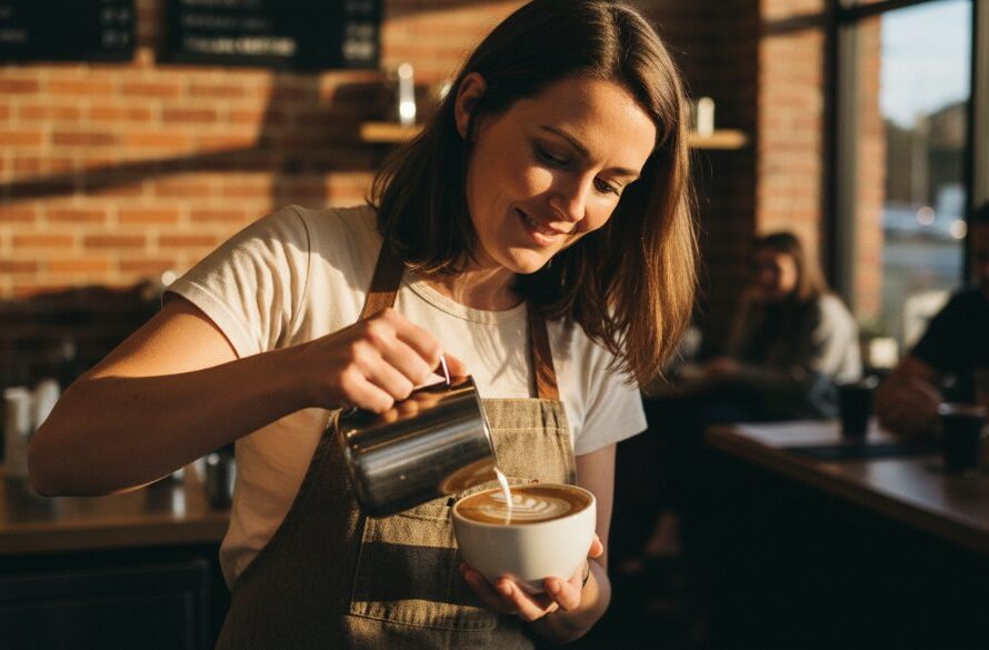 A dramatic, cinematic photograph of a local Belmont cafe owner proudly presenting a perfectly crafted latte, bathed in warm, golden hour light, shot as strategic advertising photography Belmont Victoria, highlighting the quality and ambience of the business.