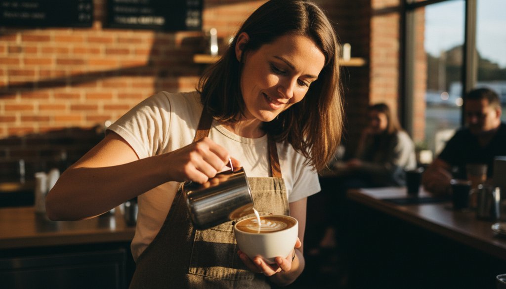 A dramatic, cinematic photograph of a local Belmont cafe owner proudly presenting a perfectly crafted latte, bathed in warm, golden hour light, shot as strategic advertising photography Belmont Victoria, highlighting the quality and ambience of the business.