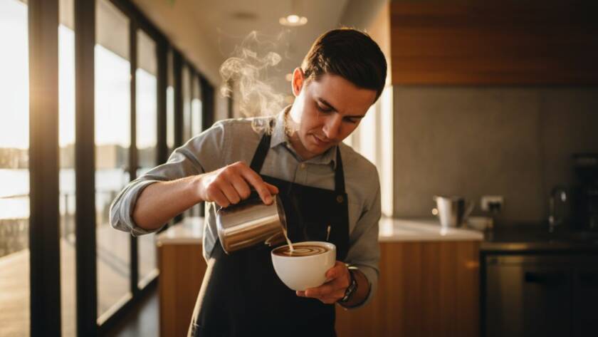 A professional cinematic wide-angle photograph of a skilled barista in a stylish Caroline Springs cafe, expertly pouring latte art with dramatic golden hour lighting, captured by Strategic Advertising Photography Caroline Springs Victoria, highlighting the craft and inviting atmosphere of the local business.