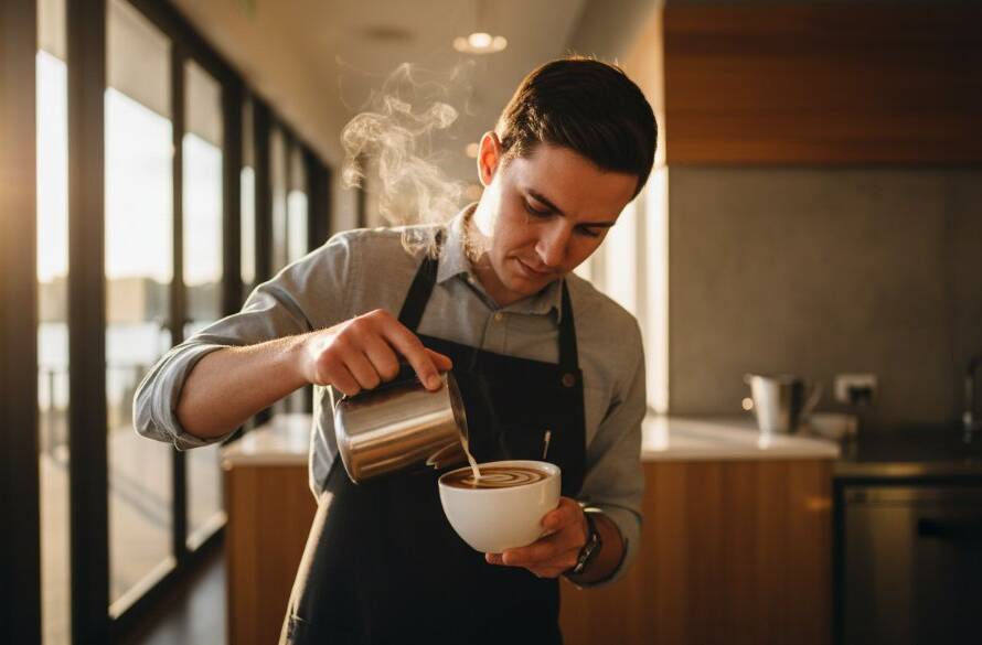 A professional cinematic wide-angle photograph of a skilled barista in a stylish Caroline Springs cafe, expertly pouring latte art with dramatic golden hour lighting, captured by Strategic Advertising Photography Caroline Springs Victoria, highlighting the craft and inviting atmosphere of the local business.