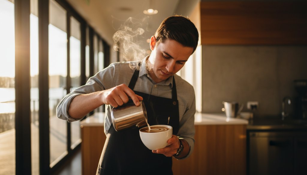 A professional cinematic wide-angle photograph of a skilled barista in a stylish Caroline Springs cafe, expertly pouring latte art with dramatic golden hour lighting, captured by Strategic Advertising Photography Caroline Springs Victoria, highlighting the craft and inviting atmosphere of the local business.