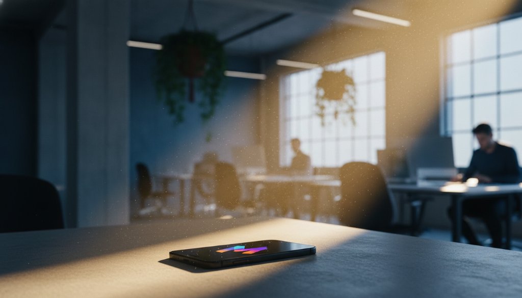 An impactful, cinematic shot showcasing a new, innovative tech gadget in a dynamic, modern office setting in Mulgrave, Victoria, expertly lit to highlight its sleek design and advanced features, embodying Strategic Advertising Photography Mulgrave Businesses.