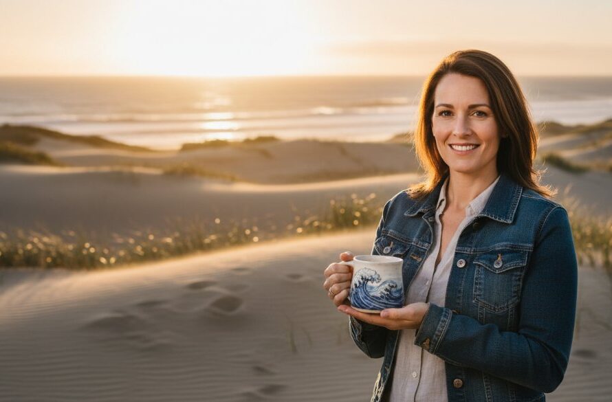 An epic moment captured through strategic advertising photography solutions Wonthaggi: A local artisan proudly showcasing their handmade surf-inspired product against a dramatic sunset backdrop at Wonthaggi's coastal dunes, professionally lit and color-graded.
