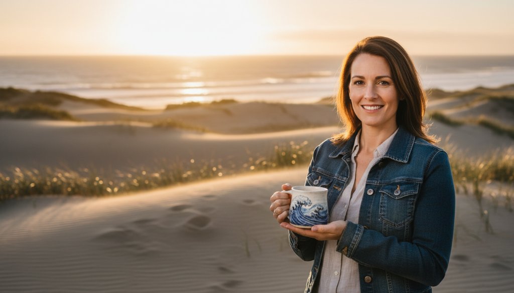 An epic moment captured through strategic advertising photography solutions Wonthaggi: A local artisan proudly showcasing their handmade surf-inspired product against a dramatic sunset backdrop at Wonthaggi's coastal dunes, professionally lit and color-graded.