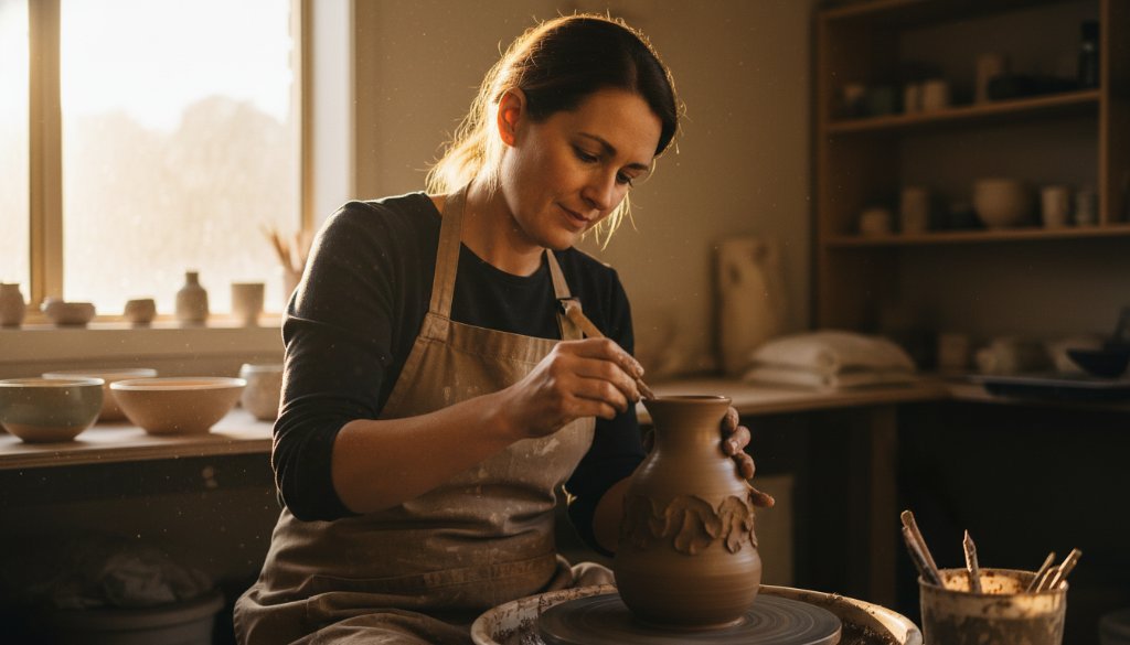 Dynamic wide shot showcasing the impact of Strategic Commercial Photography Alfredton Victoria, featuring a local small business owner proudly presenting their artisan product in a sunlit Alfredton storefront, captured with dramatic lighting and professional colour grading.