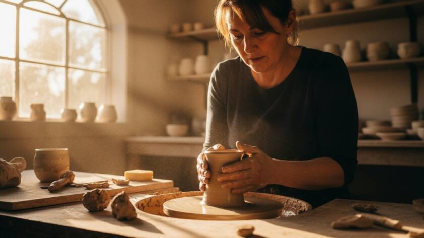 An epic moment captured through strategic commercial photography in Ferntree Gully, showcasing a local business owner passionately discussing their handcrafted product with a customer in a beautifully lit, modern workshop, with dramatic natural light streaming in and a subtle bokeh background.