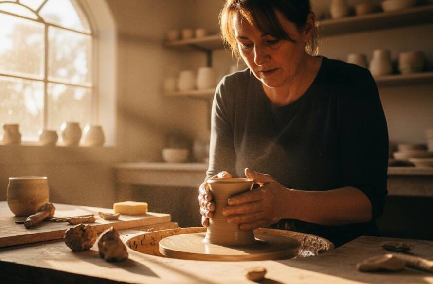 An epic moment captured through strategic commercial photography in Ferntree Gully, showcasing a local business owner passionately discussing their handcrafted product with a customer in a beautifully lit, modern workshop, with dramatic natural light streaming in and a subtle bokeh background.