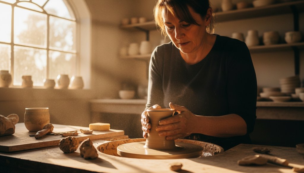 An epic moment captured through strategic commercial photography in Ferntree Gully, showcasing a local business owner passionately discussing their handcrafted product with a customer in a beautifully lit, modern workshop, with dramatic natural light streaming in and a subtle bokeh background.