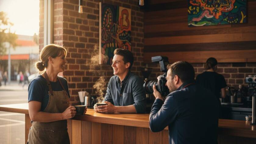 A wide, cinematic shot showcasing a bustling Frankston North local business interior, illuminated by dramatic golden hour light, with a photographer capturing the vibrant atmosphere, embodying strategic commercial photography Frankston North.
