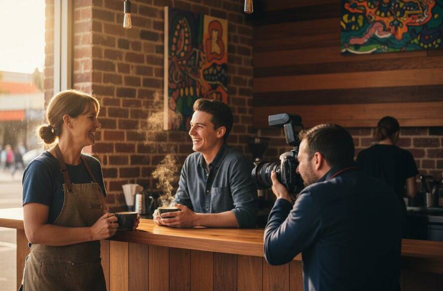 A wide, cinematic shot showcasing a bustling Frankston North local business interior, illuminated by dramatic golden hour light, with a photographer capturing the vibrant atmosphere, embodying strategic commercial photography Frankston North.