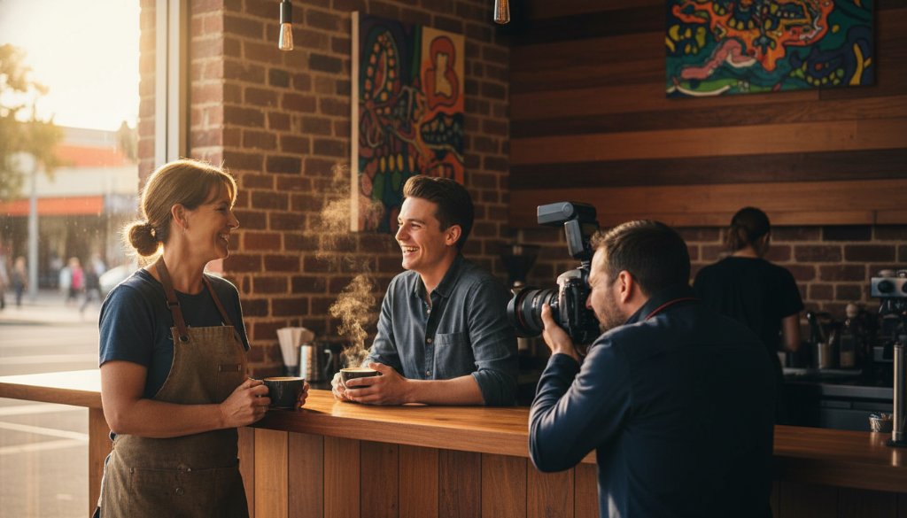 A wide, cinematic shot showcasing a bustling Frankston North local business interior, illuminated by dramatic golden hour light, with a photographer capturing the vibrant atmosphere, embodying strategic commercial photography Frankston North.