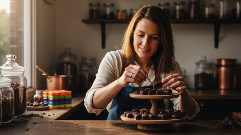 An epic, dramatically lit photograph of a local Sale Victoria business owner proudly showcasing their craft in a vibrant, modern workshop, captured through strategic commercial photography.