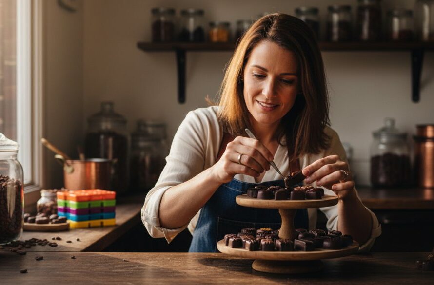 An epic, dramatically lit photograph of a local Sale Victoria business owner proudly showcasing their craft in a vibrant, modern workshop, captured through strategic commercial photography.
