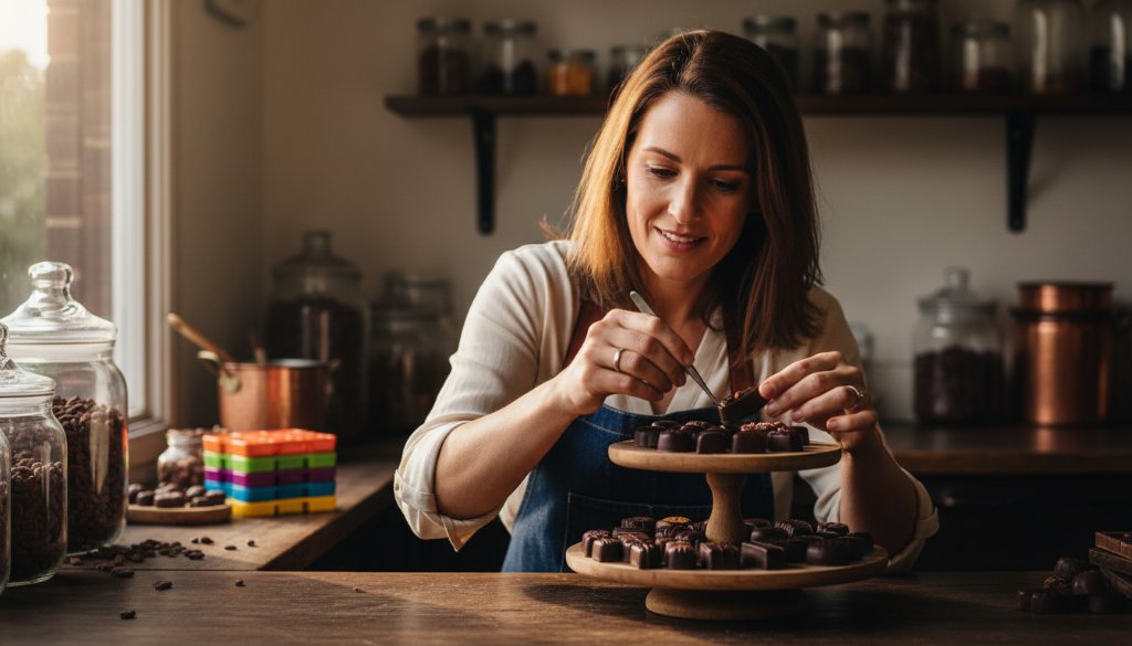 An epic, dramatically lit photograph of a local Sale Victoria business owner proudly showcasing their craft in a vibrant, modern workshop, captured through strategic commercial photography.