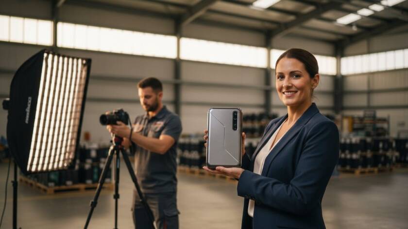 An epic moment captured in Truganina: A dynamic wide shot showing a professional photographer expertly capturing a product shot in a sleek, modern industrial warehouse, bathed in dramatic side lighting, highlighting the product's features. This strategic commercial photography Truganina image evokes innovation and high-quality production.
