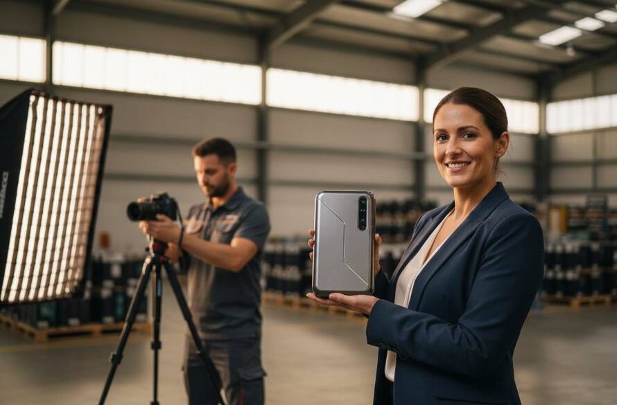 An epic moment captured in Truganina: A dynamic wide shot showing a professional photographer expertly capturing a product shot in a sleek, modern industrial warehouse, bathed in dramatic side lighting, highlighting the product's features. This strategic commercial photography Truganina image evokes innovation and high-quality production.