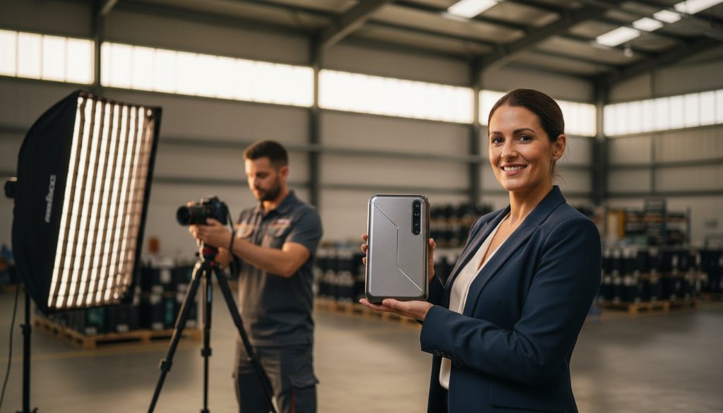 An epic moment captured in Truganina: A dynamic wide shot showing a professional photographer expertly capturing a product shot in a sleek, modern industrial warehouse, bathed in dramatic side lighting, highlighting the product's features. This strategic commercial photography Truganina image evokes innovation and high-quality production.