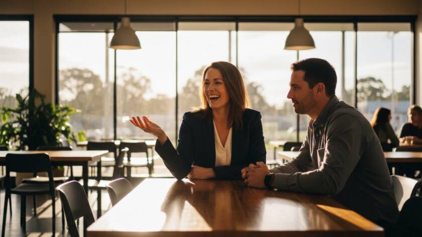 Dynamic wide-angle shot of a Wheelers Hill business owner interacting with a client in a modern, sunlit cafe, showcasing the vibrant brand story through strategic commercial photography in Wheelers Hill Victoria, with professional lighting accentuating their genuine connection.