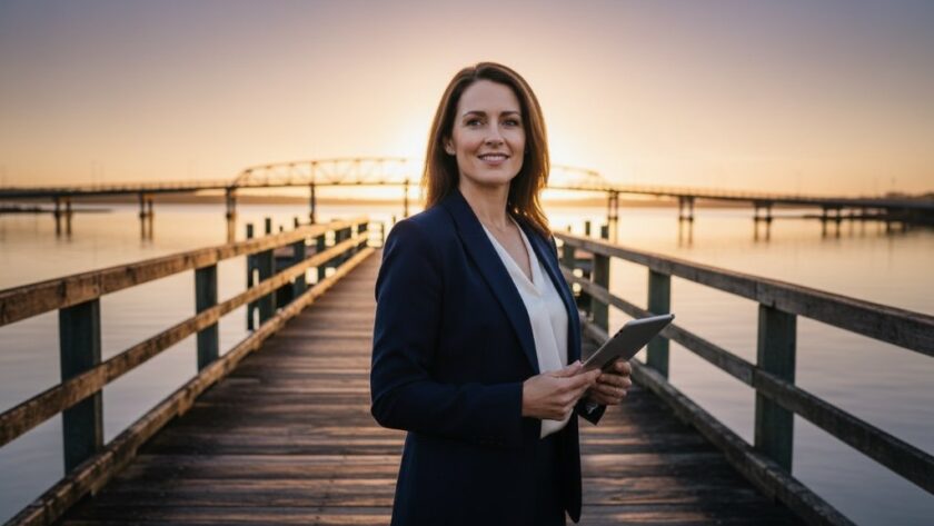 An epic, professionally colour-graded photograph showcasing Strategic Corporate Branding Photography Lakes Entrance Businesses, featuring a confident business leader standing on a pier overlooking the tranquil Lankeys Arm waterway at sunrise, holding a tablet with a subtle smile, embodying local success and forward-thinking vision, with the iconic Lakes Entrance footbridge in the background under dramatic, soft golden light.
