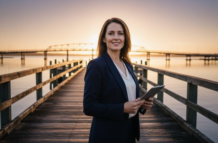 An epic, professionally colour-graded photograph showcasing Strategic Corporate Branding Photography Lakes Entrance Businesses, featuring a confident business leader standing on a pier overlooking the tranquil Lankeys Arm waterway at sunrise, holding a tablet with a subtle smile, embodying local success and forward-thinking vision, with the iconic Lakes Entrance footbridge in the background under dramatic, soft golden light.