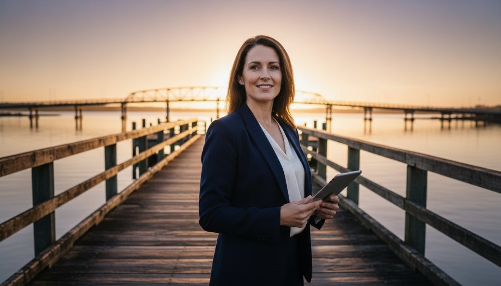 An epic, professionally colour-graded photograph showcasing Strategic Corporate Branding Photography Lakes Entrance Businesses, featuring a confident business leader standing on a pier overlooking the tranquil Lankeys Arm waterway at sunrise, holding a tablet with a subtle smile, embodying local success and forward-thinking vision, with the iconic Lakes Entrance footbridge in the background under dramatic, soft golden light.