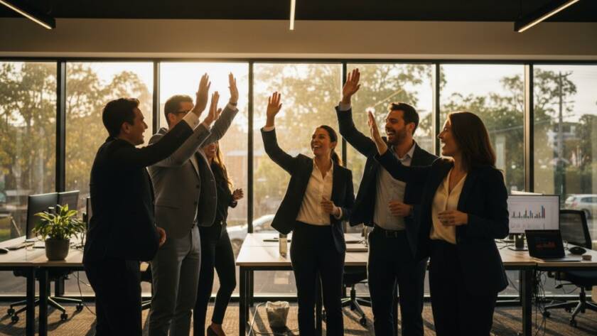 A dynamic and impactful 'epic moment' photograph showcasing a diverse team of professionals in Glen Iris collaborating on a project, bathed in dramatic natural light, symbolising strategic corporate imagery Glen Iris for business growth and a thriving, innovative work environment.