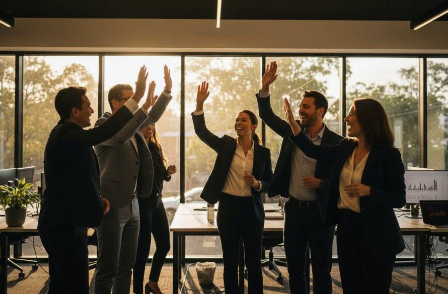 A dynamic and impactful 'epic moment' photograph showcasing a diverse team of professionals in Glen Iris collaborating on a project, bathed in dramatic natural light, symbolising strategic corporate imagery Glen Iris for business growth and a thriving, innovative work environment.
