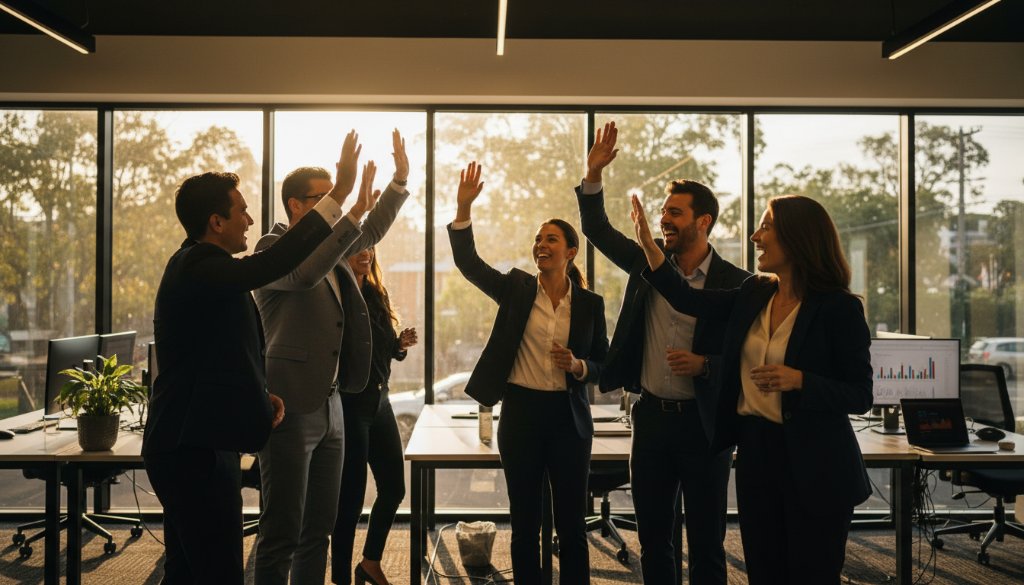 A dynamic and impactful 'epic moment' photograph showcasing a diverse team of professionals in Glen Iris collaborating on a project, bathed in dramatic natural light, symbolising strategic corporate imagery Glen Iris for business growth and a thriving, innovative work environment.