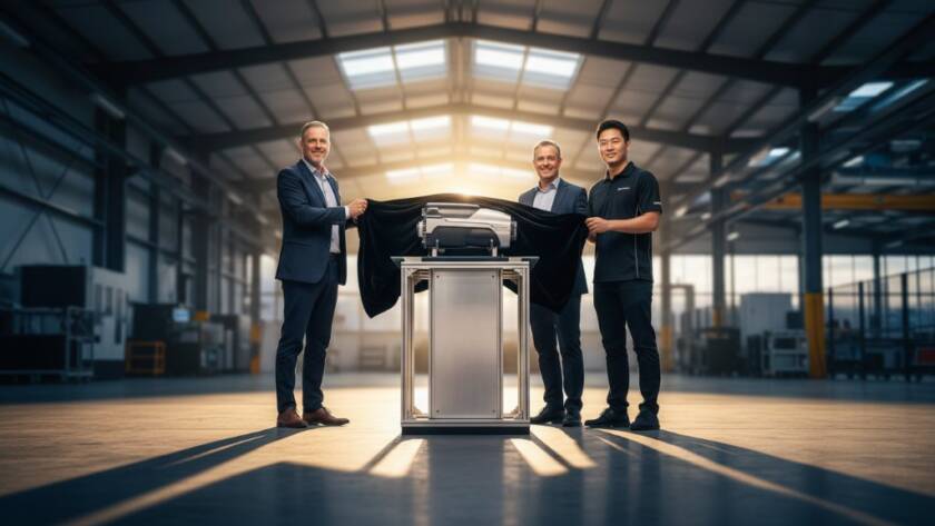 An epic moment captured: a diverse team of entrepreneurs proudly showcasing an innovative product at a modern Dandenong South industrial facility, bathed in dramatic golden hour light, embodying strategic Dandenong South advertising photography storytelling.