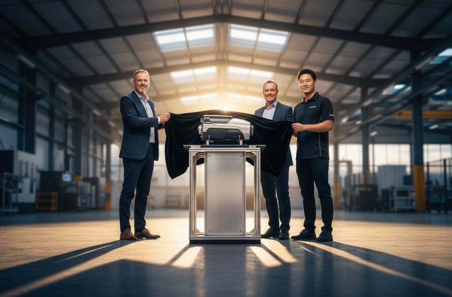 An epic moment captured: a diverse team of entrepreneurs proudly showcasing an innovative product at a modern Dandenong South industrial facility, bathed in dramatic golden hour light, embodying strategic Dandenong South advertising photography storytelling.