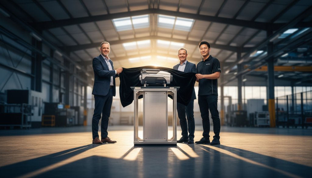 An epic moment captured: a diverse team of entrepreneurs proudly showcasing an innovative product at a modern Dandenong South industrial facility, bathed in dramatic golden hour light, embodying strategic Dandenong South advertising photography storytelling.