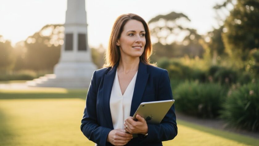 A dramatic and empowering portrait for strategic personal branding photography Eureka Victoria, featuring a determined female entrepreneur standing confidently at the historic Eureka Stockade Gardens, bathed in golden hour light, with her business logo subtly reflected in her eyewear, showcasing her unique brand story.