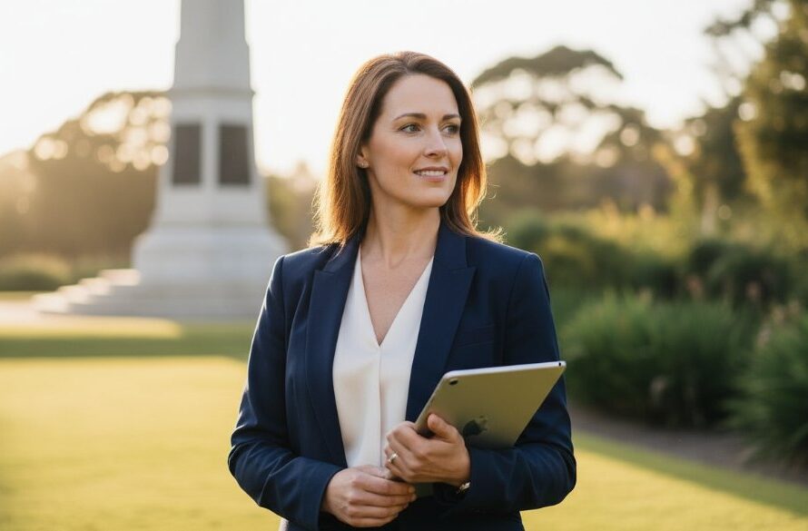 A dramatic and empowering portrait for strategic personal branding photography Eureka Victoria, featuring a determined female entrepreneur standing confidently at the historic Eureka Stockade Gardens, bathed in golden hour light, with her business logo subtly reflected in her eyewear, showcasing her unique brand story.