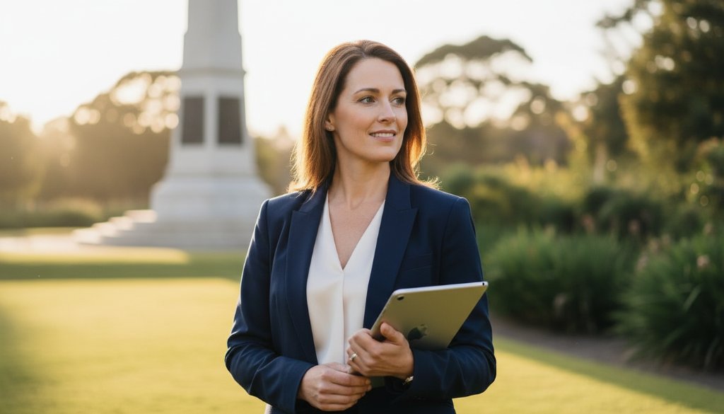 A dramatic and empowering portrait for strategic personal branding photography Eureka Victoria, featuring a determined female entrepreneur standing confidently at the historic Eureka Stockade Gardens, bathed in golden hour light, with her business logo subtly reflected in her eyewear, showcasing her unique brand story.